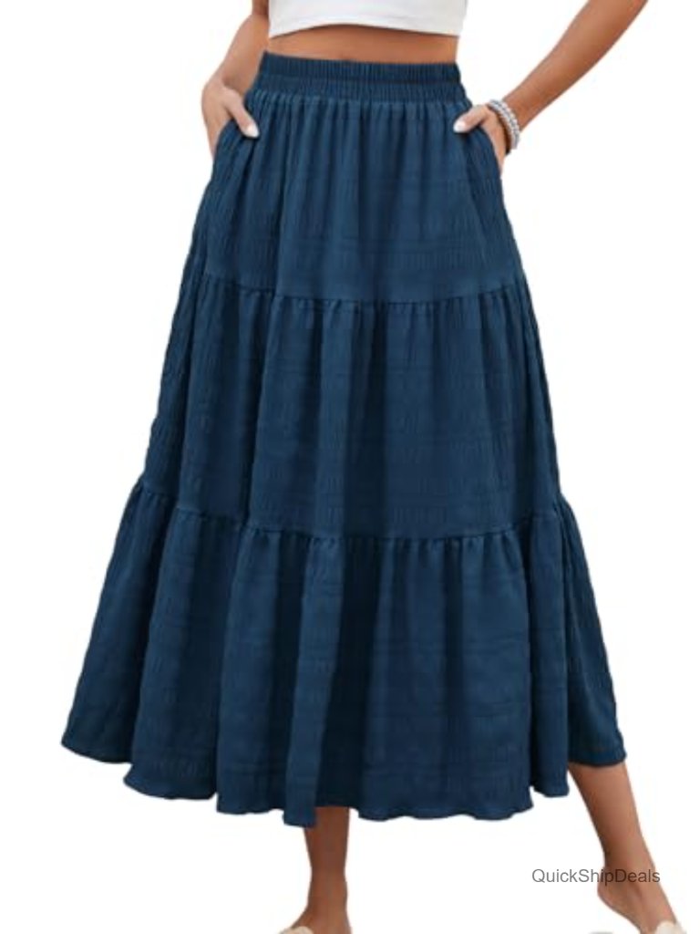 Smock Tiered Maxi Skirt With Pockets High Waisted A-Line Flowy